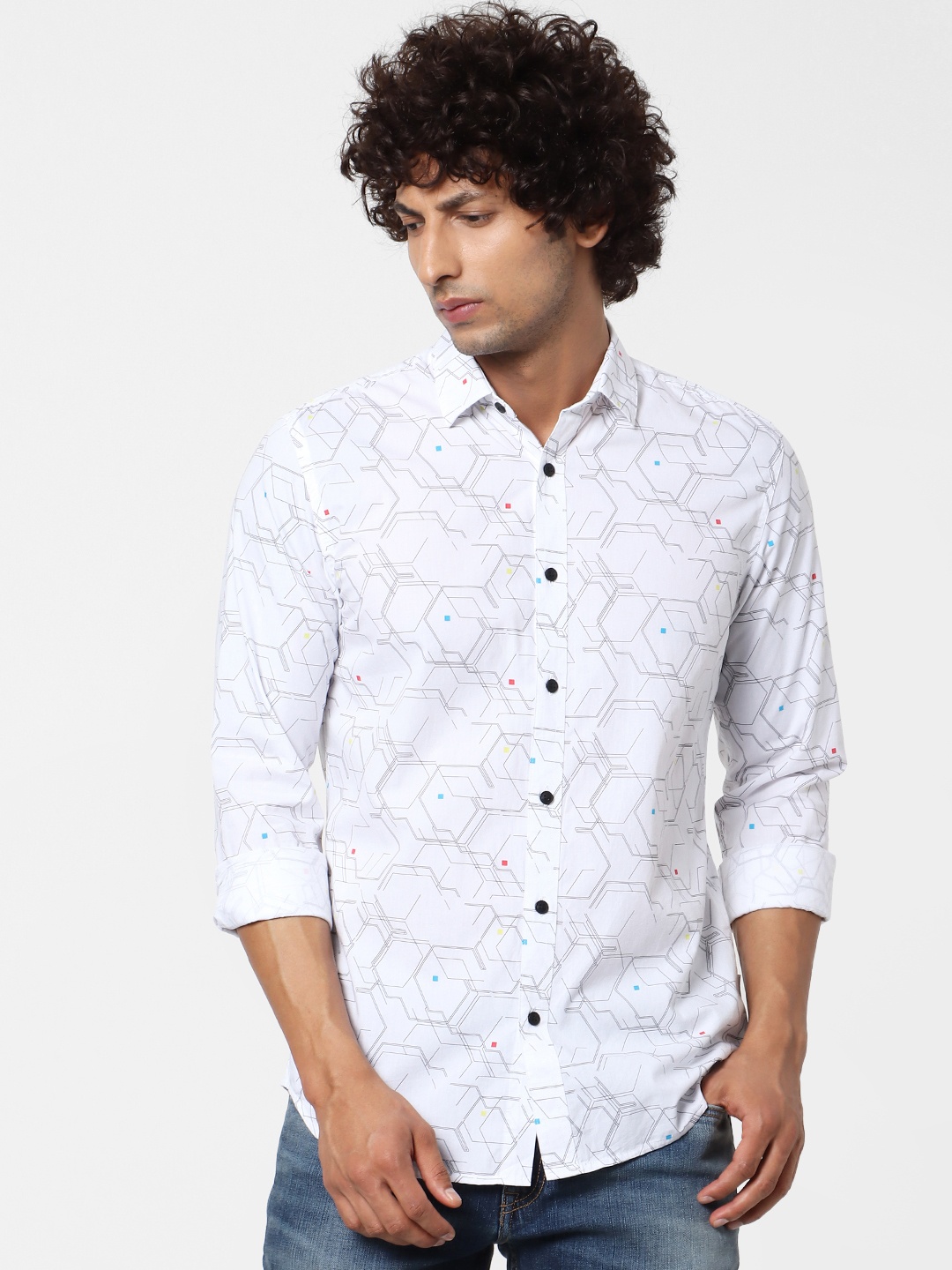

Jack & Jones Men White & Black Slim Fit Printed Casual Sustainable Shirt