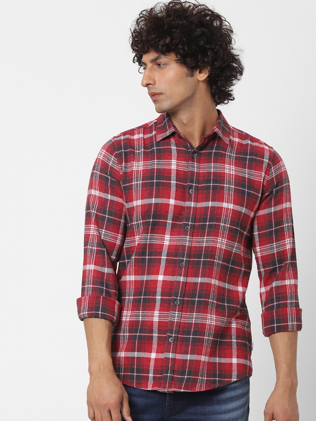 

Jack & Jones Men Pink & White Slim Fit Checked Casual Flannel Sustainable Shirt