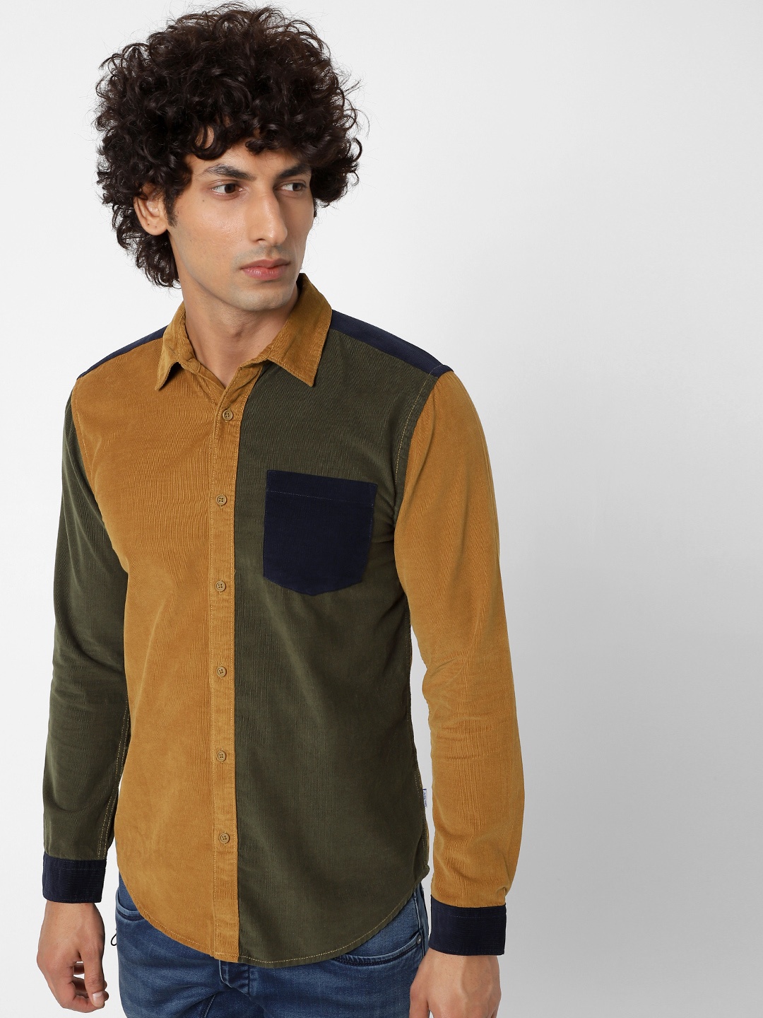 

Jack & Jones Men Green & Mustard Yellow Slim Fit Colourblocked Casual Shirt
