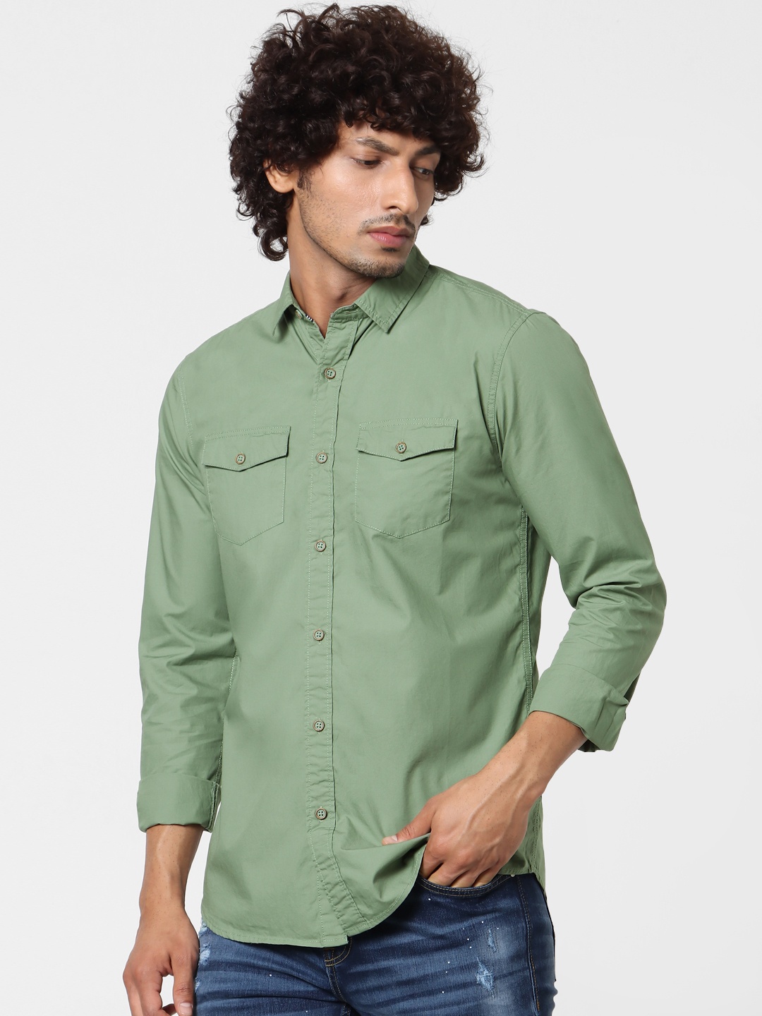 

Jack & Jones Men Olive Green Slim Fit Solid Casual Sustainable Shirt