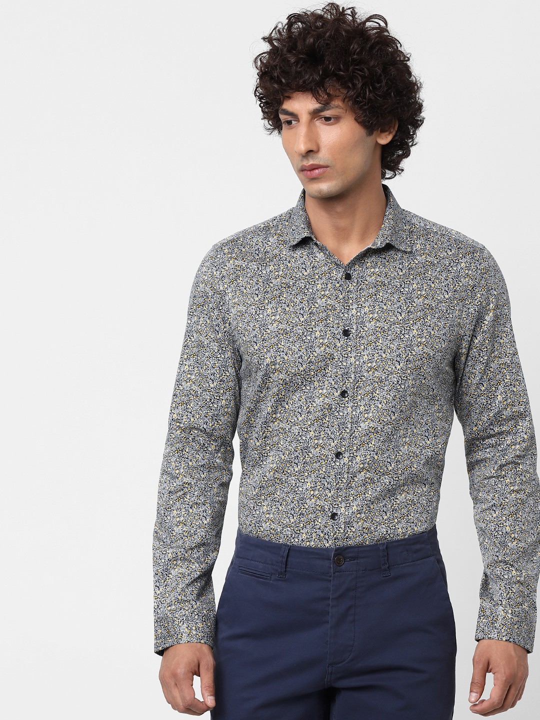 

Jack & Jones Men Navy Blue & Yellow Slim Fit Printed Casual Shirt