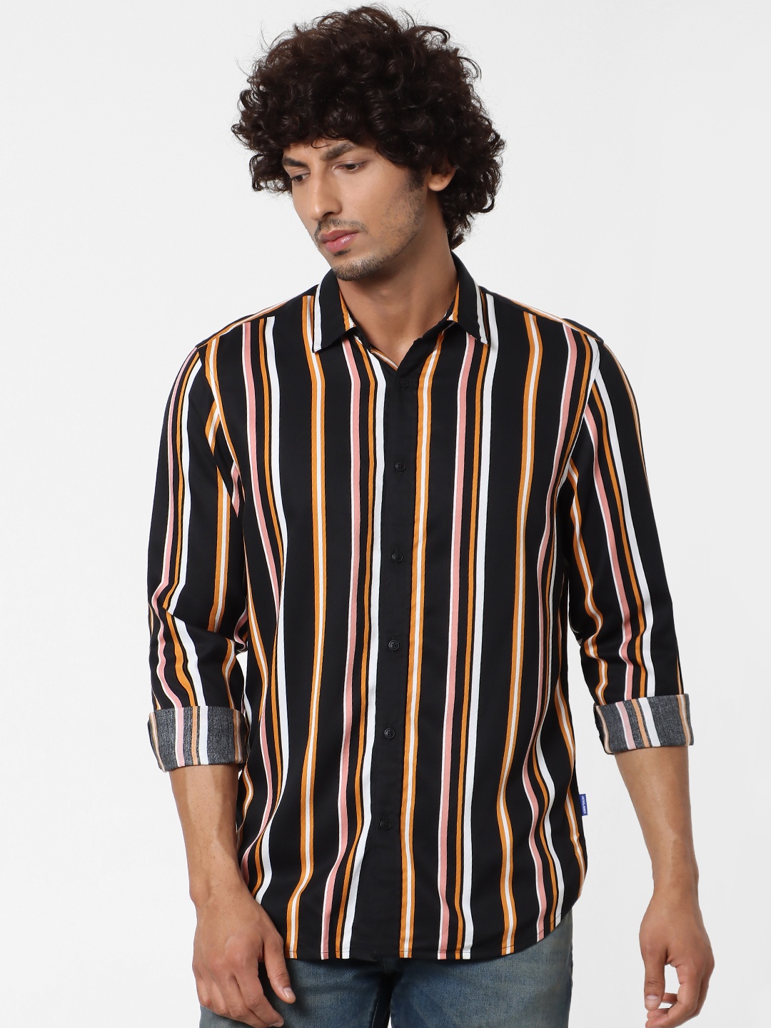 

Jack & Jones Men Black & Yellow Regular Fit Striped Casual Shirt