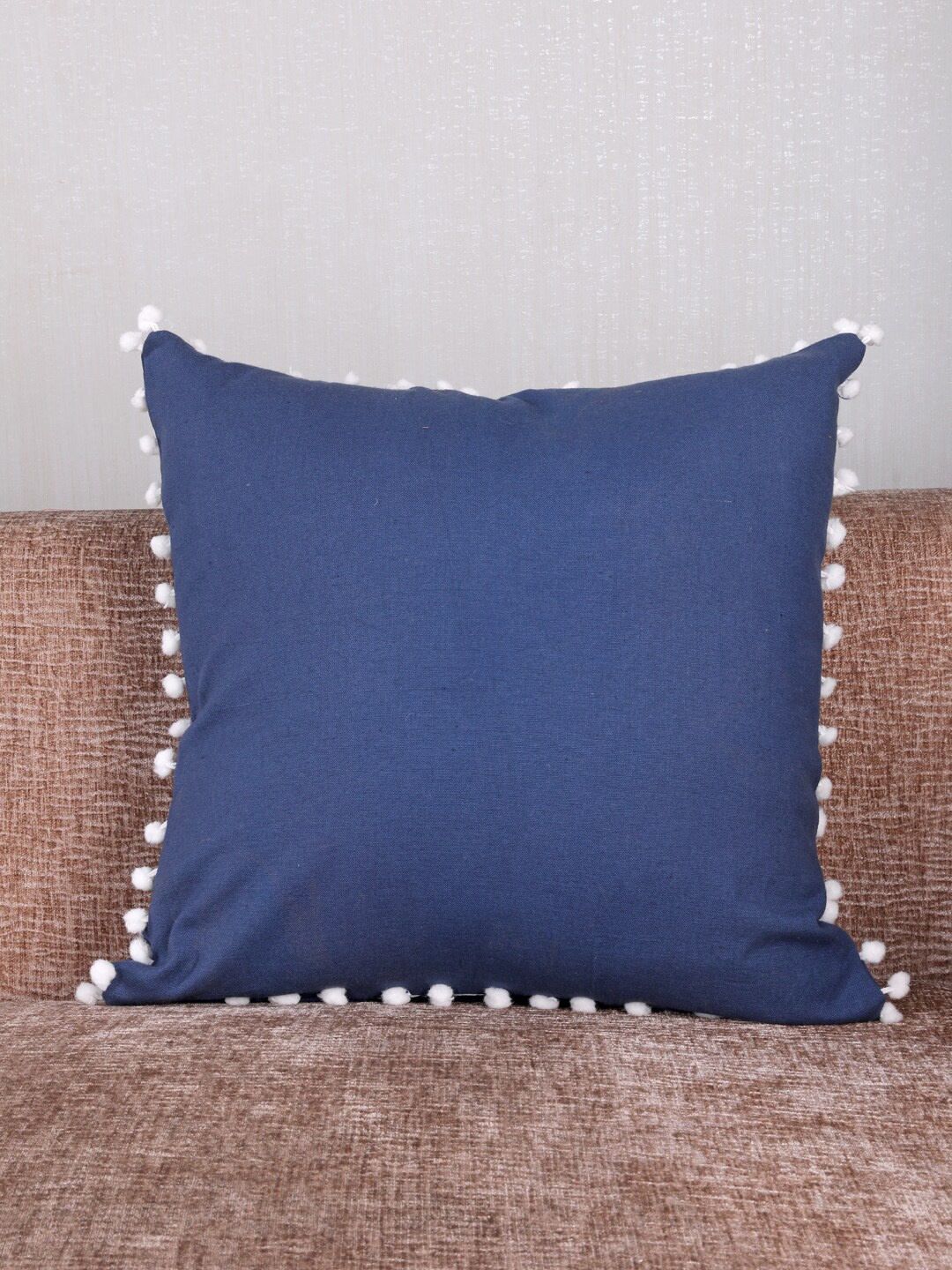 

My Gift Booth Navy Blue & White Solid Square Pom-Pom Cushion