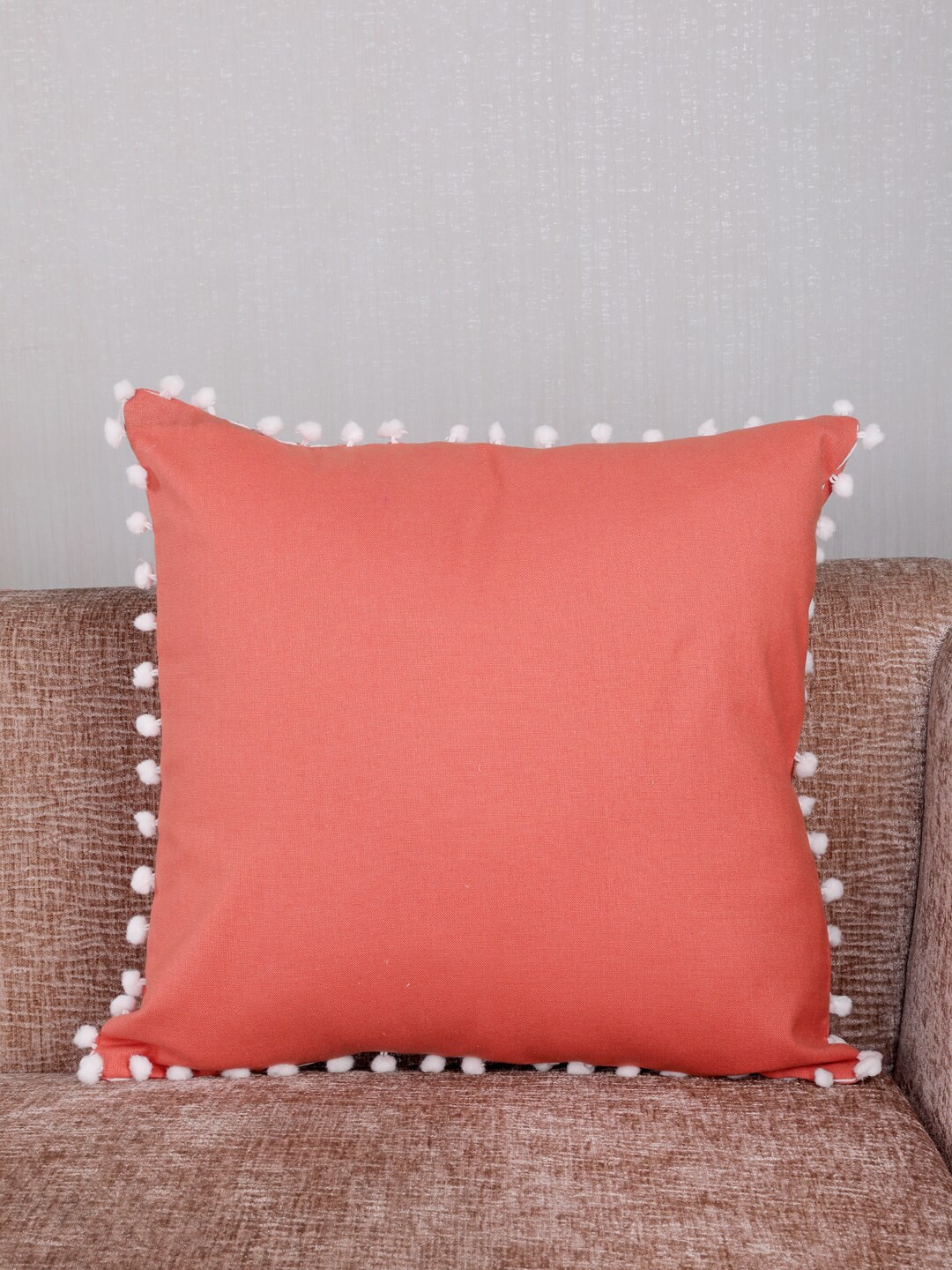 

My Gift Booth Orange & White Solid Square Pom-Pom Cushion