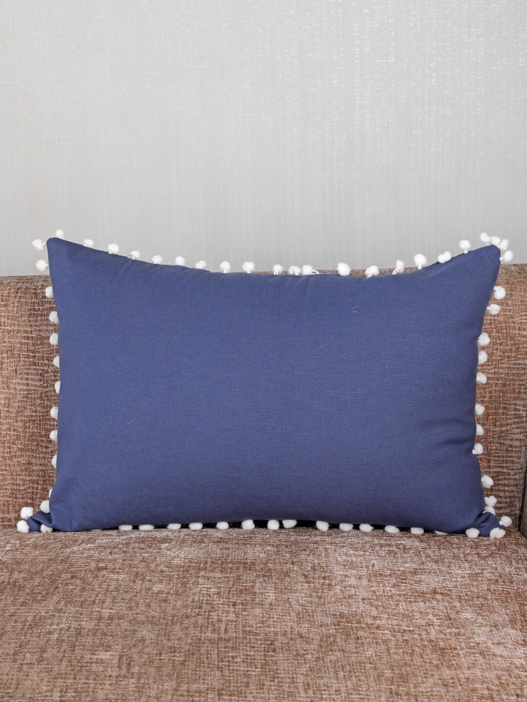 

My Gift Booth Navy Blue & White Solid Rectangle Pom-Pom Cushion