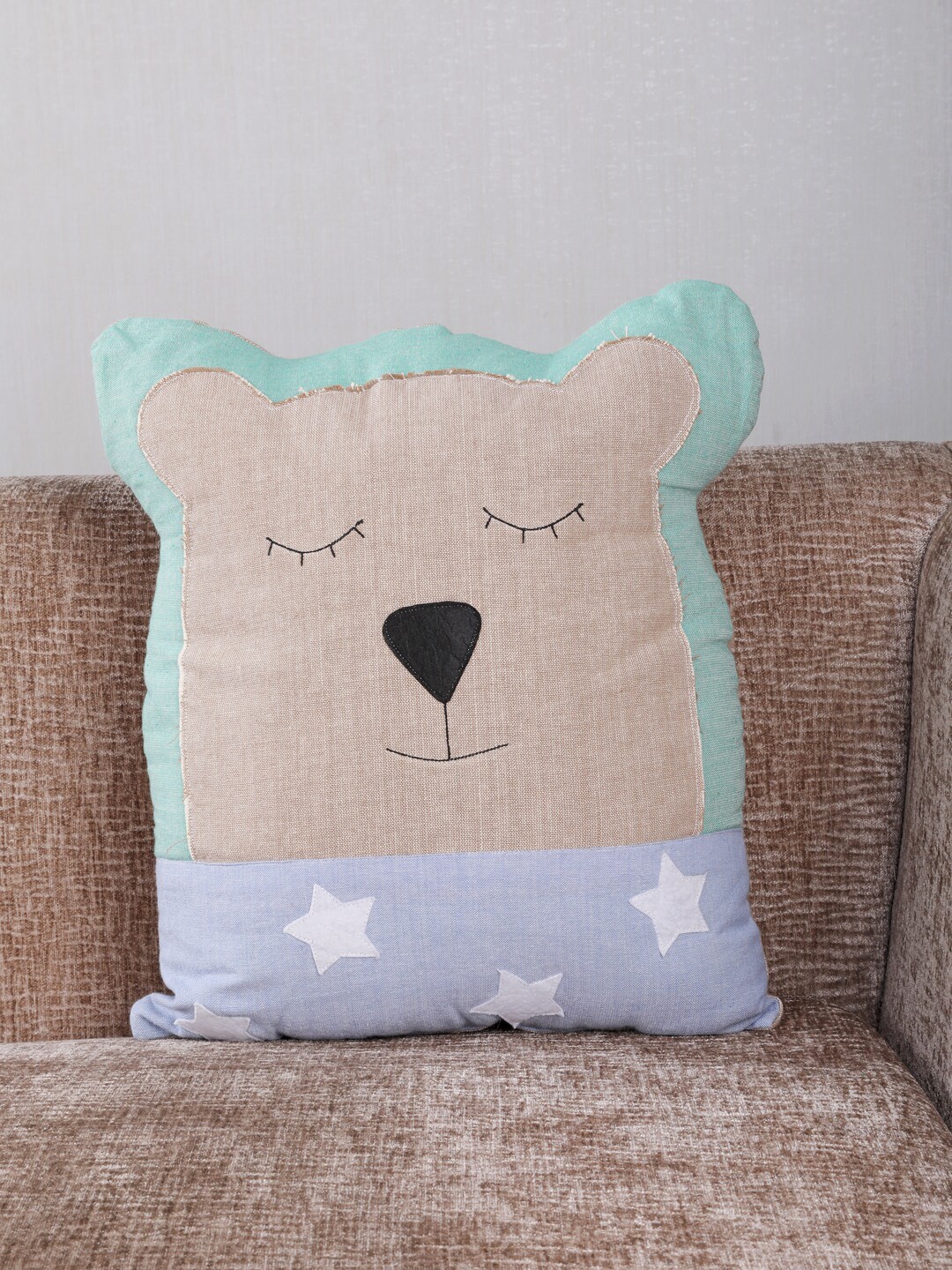 

My Gift Booth Beige & Blue Printed Bear Cushion