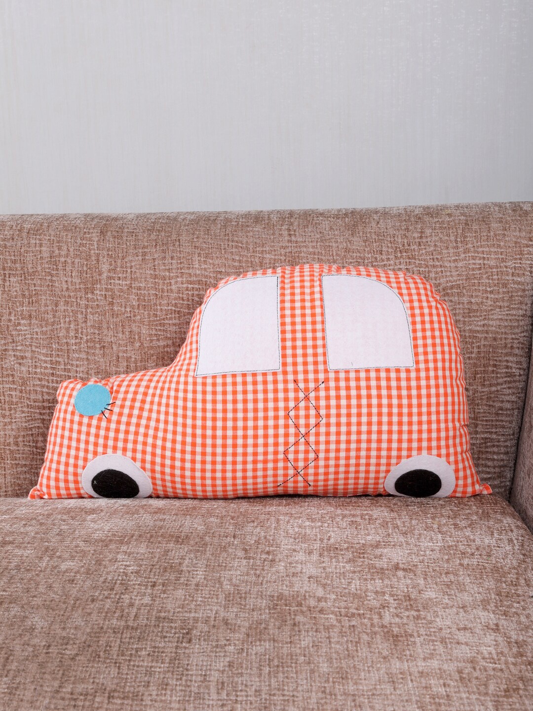 

My Gift Booth Orange & White Checked Cotton Car-Shaped Cushion Covers