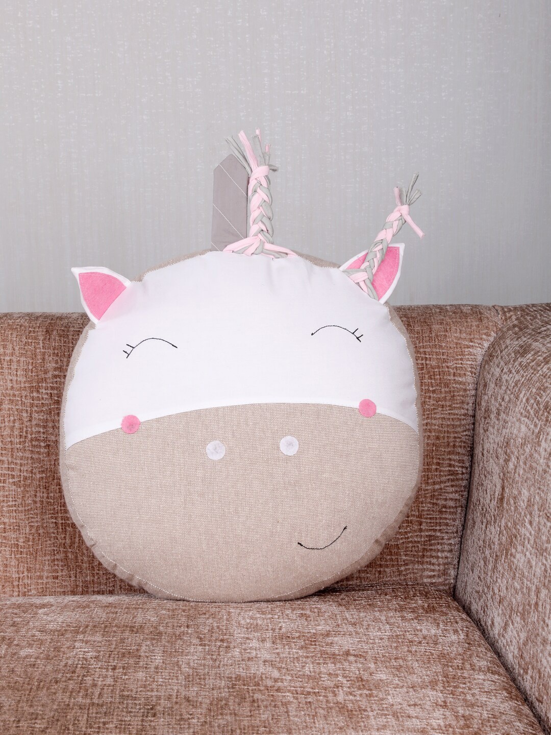 

My Gift Booth Beige & White Colourblocked Unicorn Shaped Round Cushion