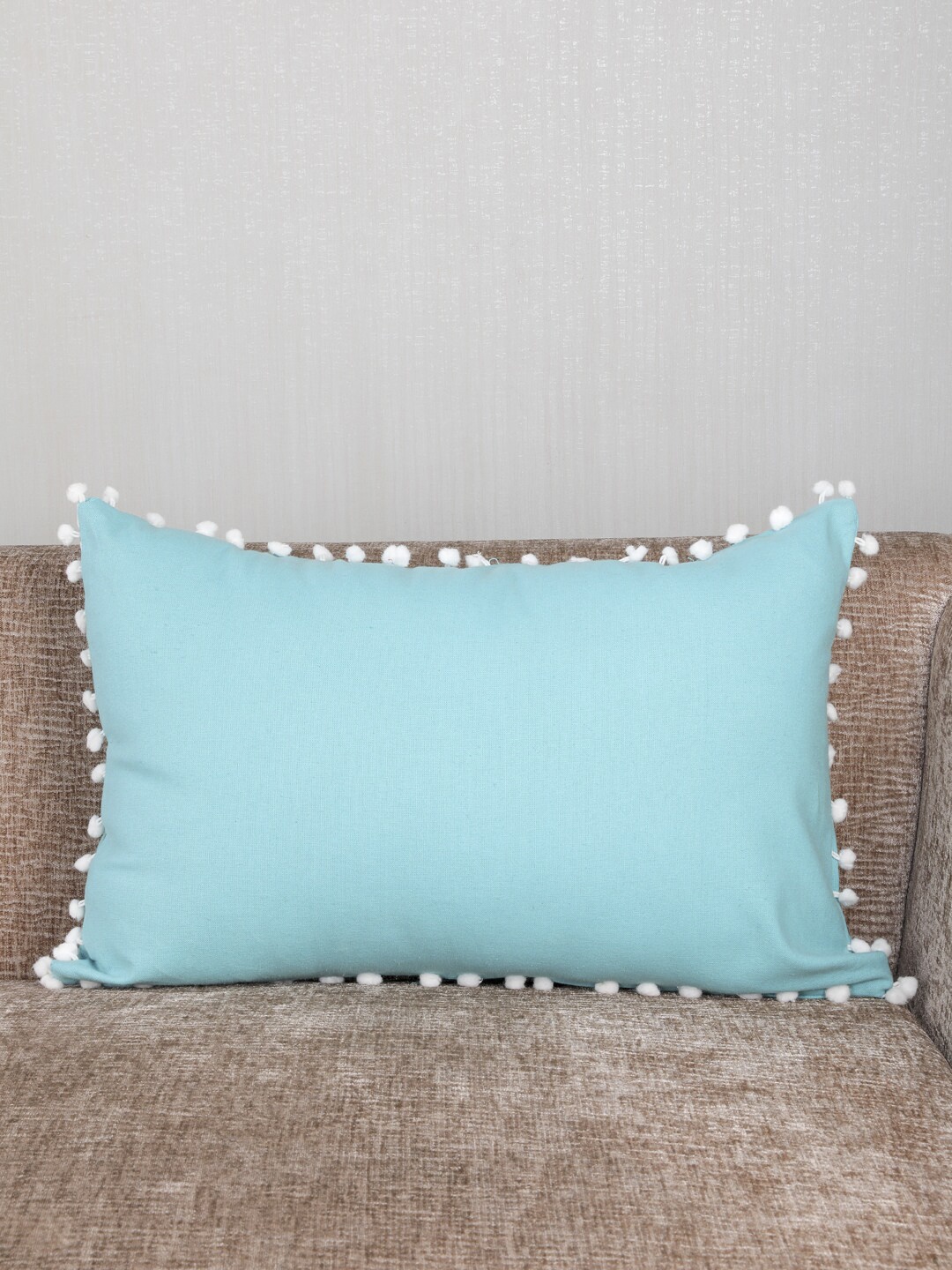 

My Gift Booth Turquoise Blue Solid Pom-Pom Trim Rectangular Cushion