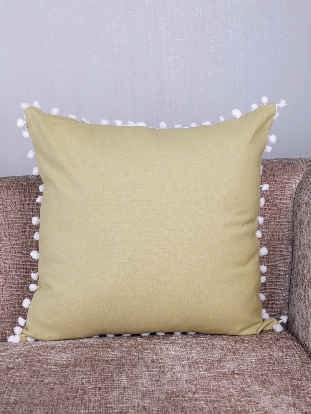 

My Gift Booth Gold-Toned Solid Pom-Pom Trim Linen Square Cushion with Filler