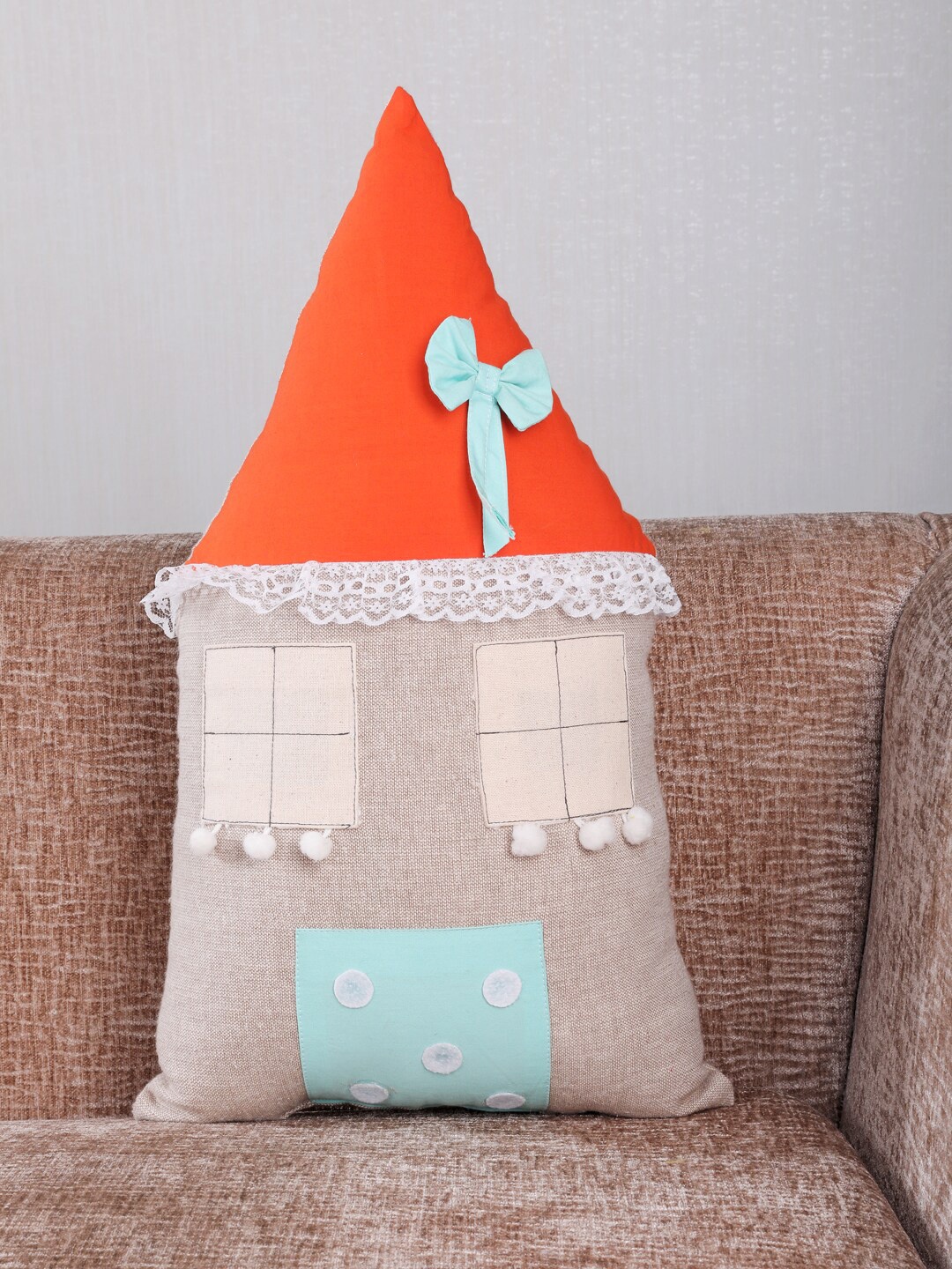 

My Gift Booth Beige & Orange Colourblocked Hut-Shaped Cushion with Filling