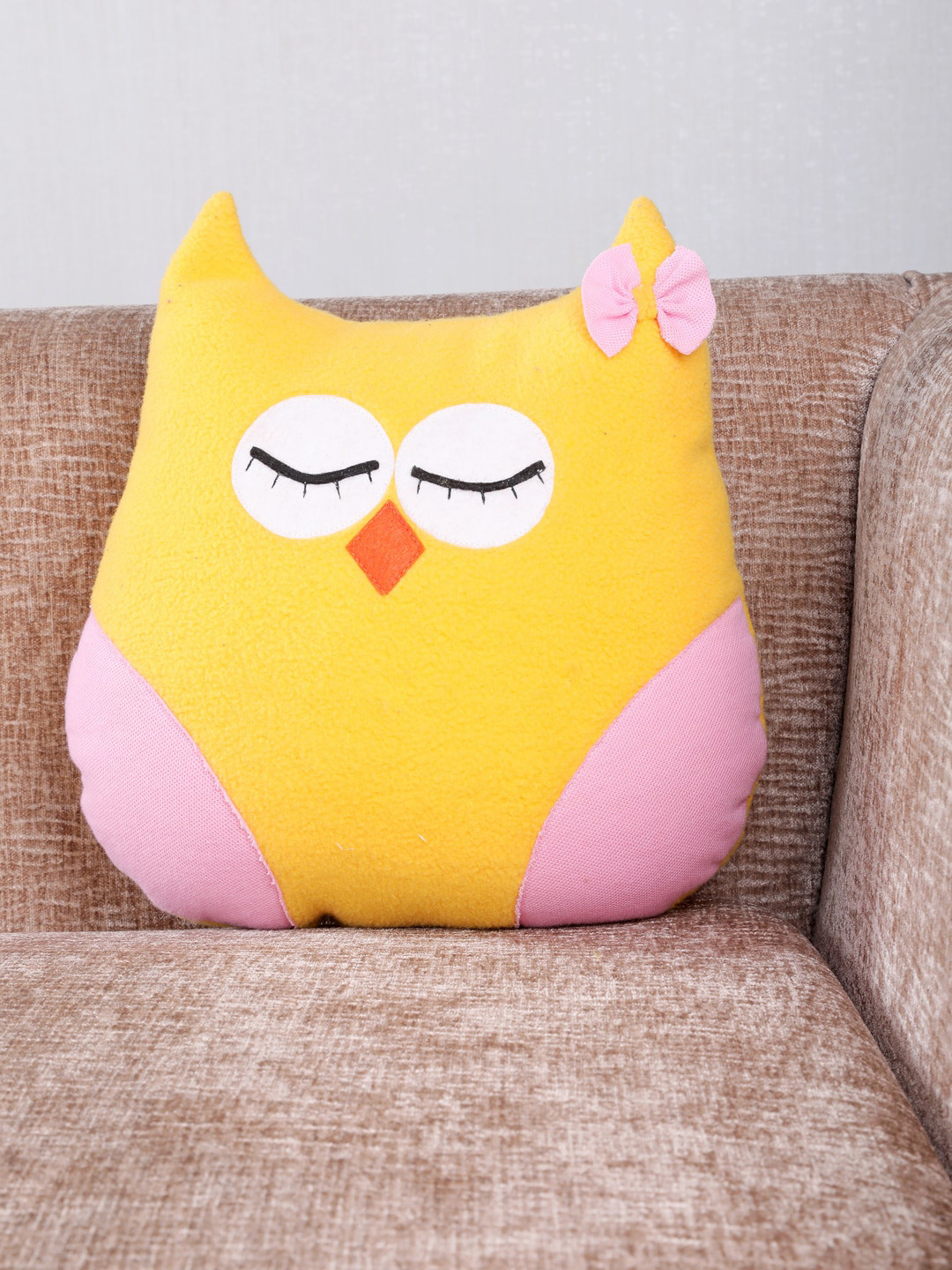 

My Gift Booth Mustard Yellow & Pink Printed Owl Shape Cushion