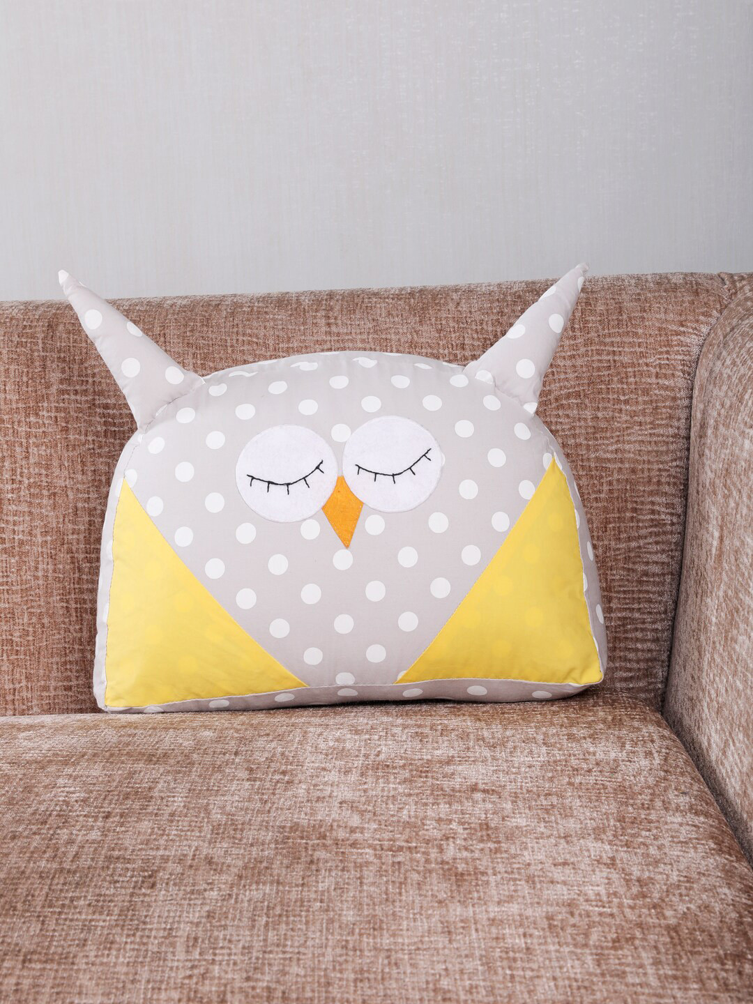 

My Gift Booth Grey & Yellow Printed Owl Shape Cushion