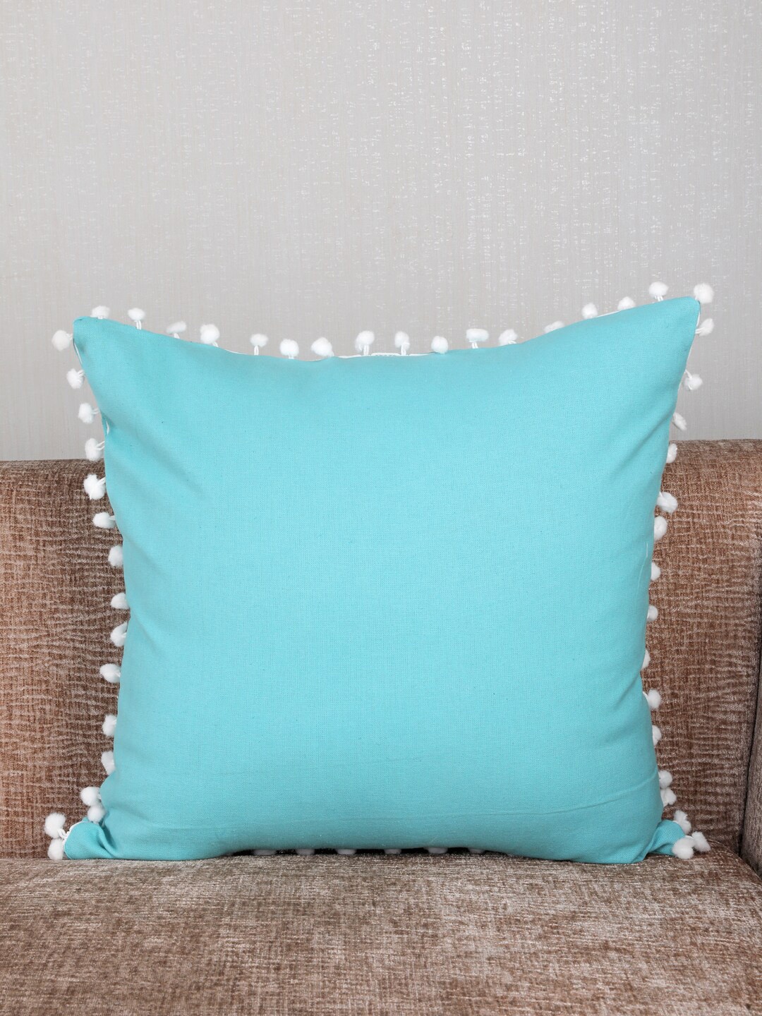 

My Gift Booth Turquoise Blue & White Solid Square Pom-Pom Cushion