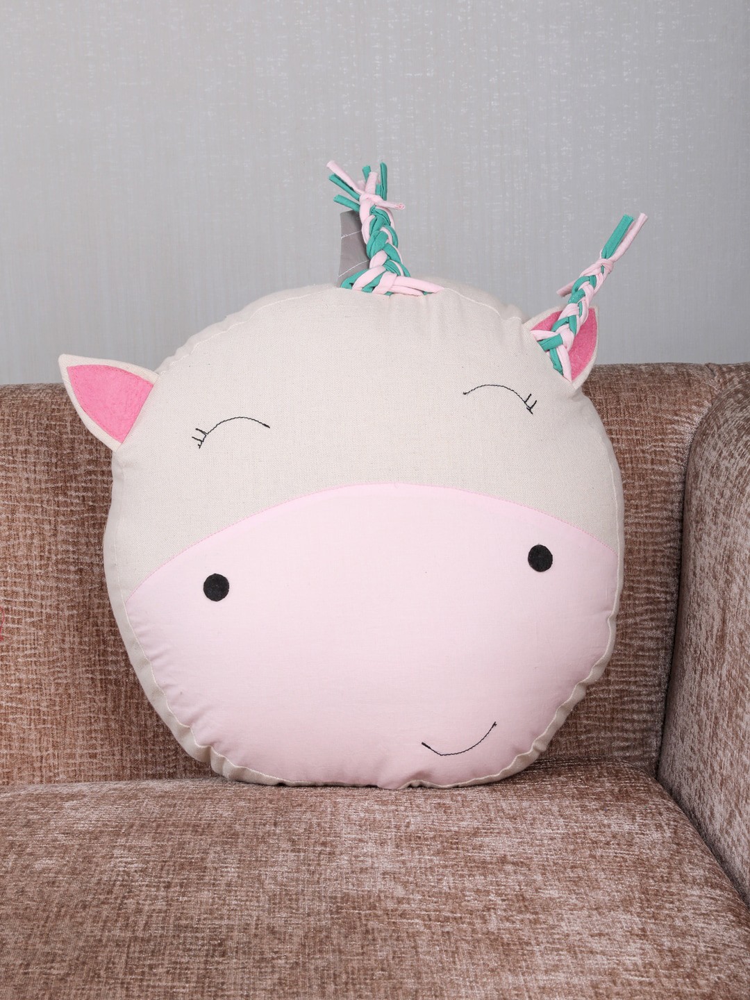 

My Gift Booth Cream-Coloured & Pink Colourblocked Unicorn-Shaped Cushion with Filling