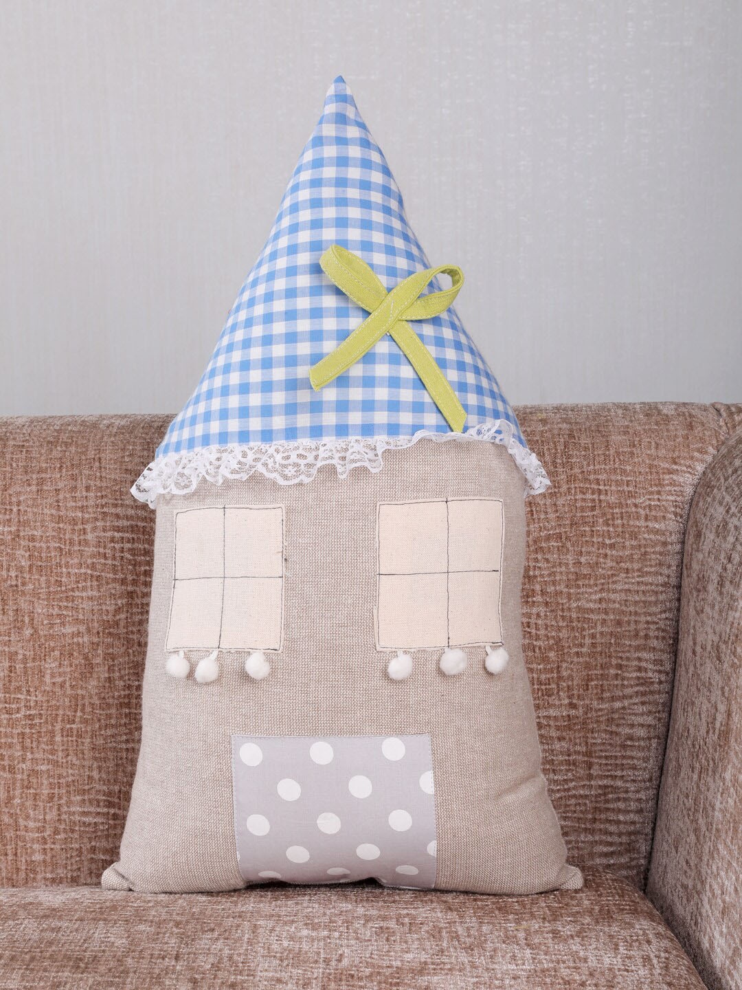 

My Gift Booth Beige & Blue Checked Hut-Shaped Cushion with Filling