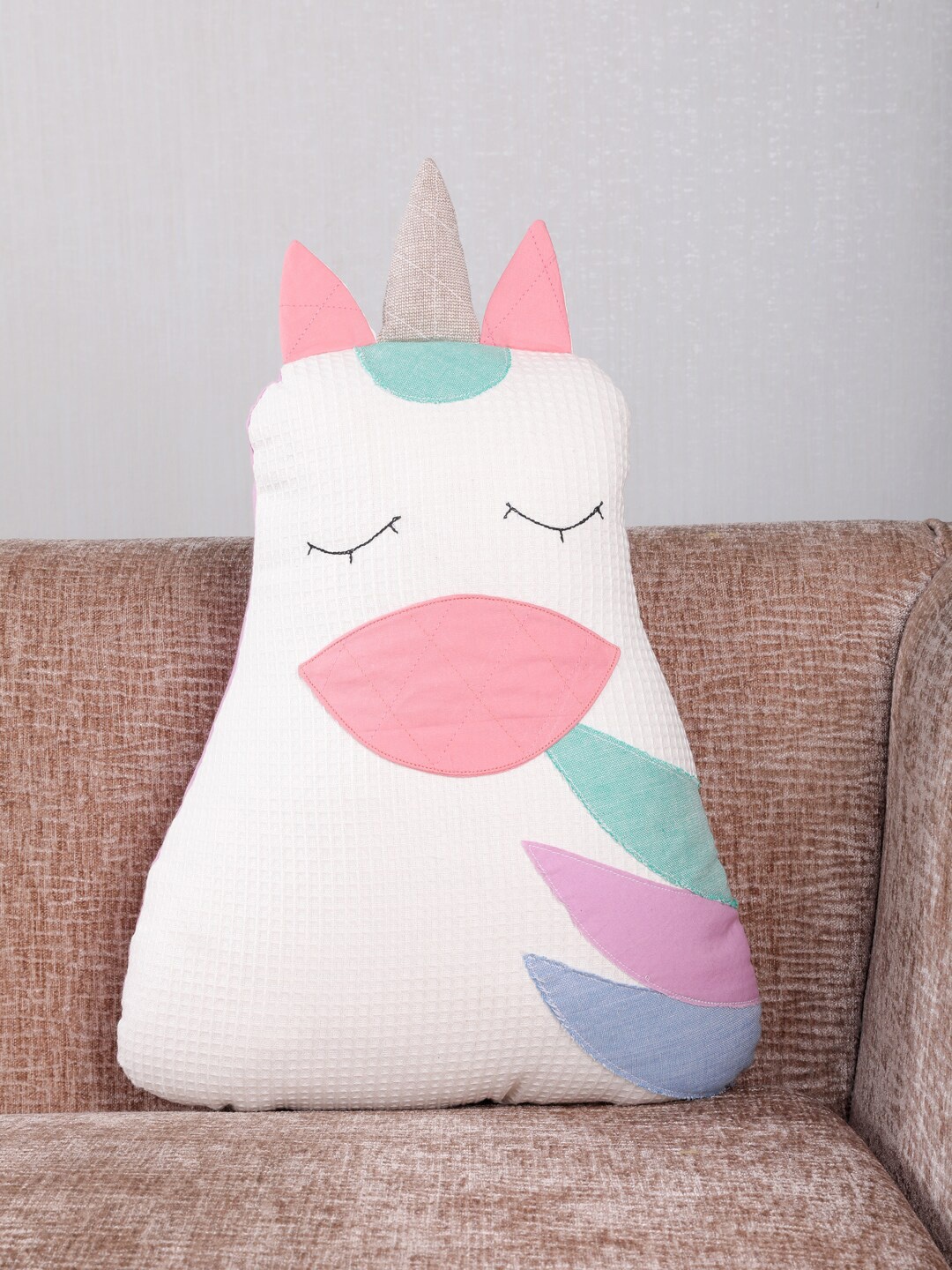 

My Gift Booth Cream-Coloured & Green Printed Unicorn Waffle Shape Cushion