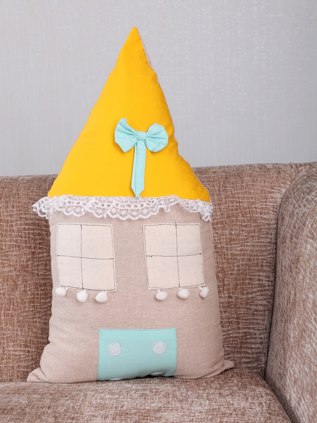 

My Gift Booth Beige & Yellow Colourblocked Hut-Shaped Cushion with Filling