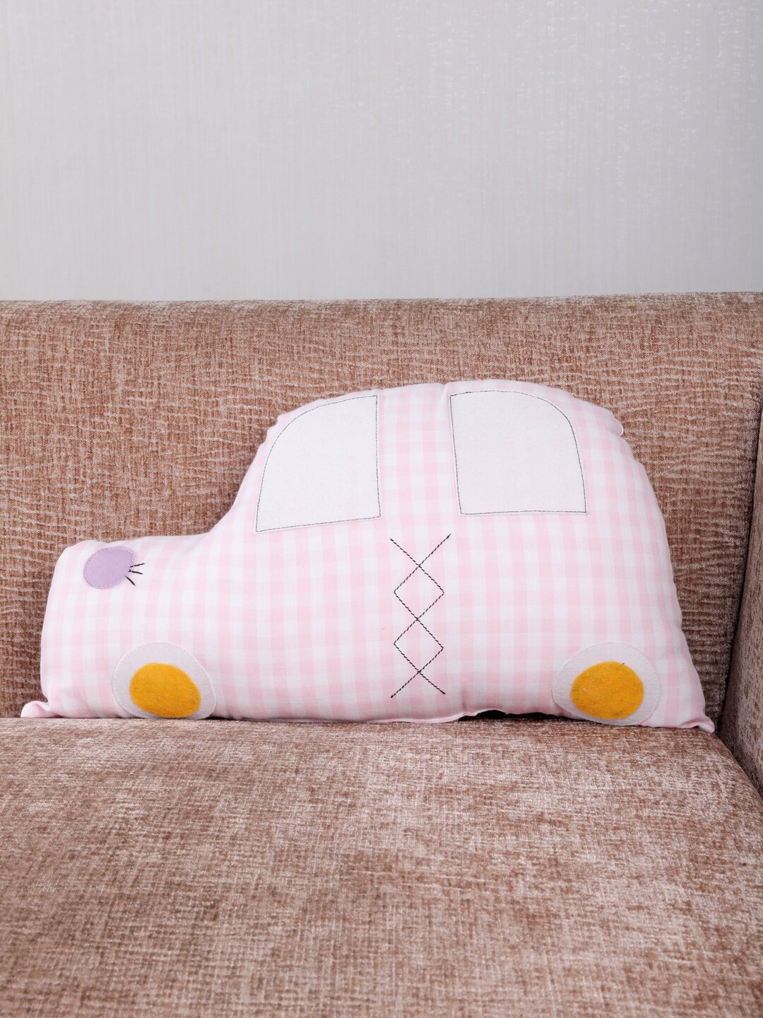 

My Gift Booth Pink & White Checked Car-Shaped Cushion with Filling