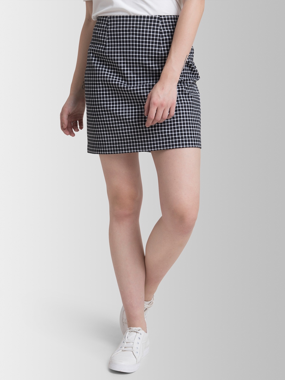 

FableStreet Black & White Checked Twill Pleated Mini Pencil Skirt