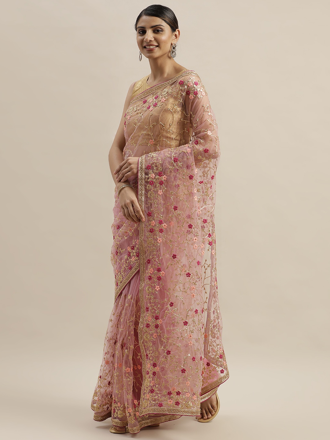 

Mitera Pink & Gold-Toned Net Embellished Saree
