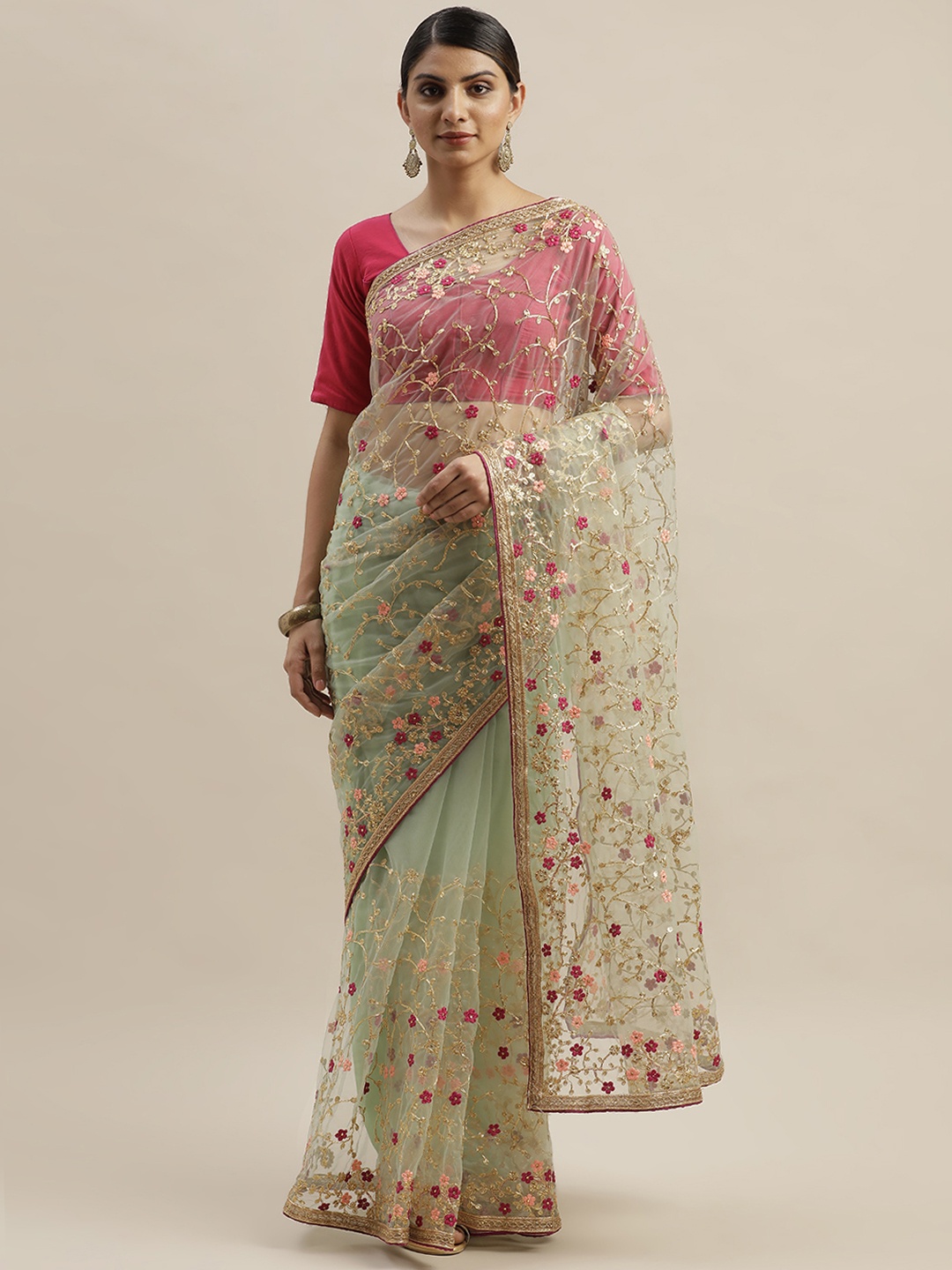 

Mitera Sea Green & Pink Net Embellished Saree