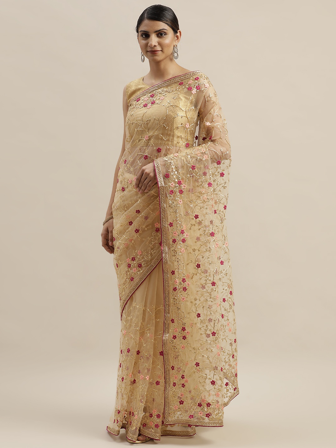 

Mitera Cream-Coloured & Pink Net Embellished Saree