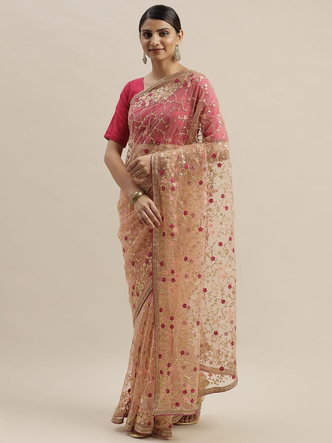 

Mitera Peach-Coloured & Pink Net Embellished Saree