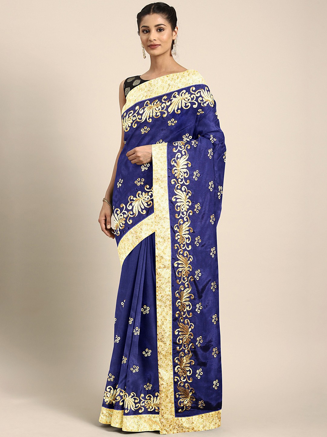

Mitera Navy Blue & Gold-Toned Embroidered Saree