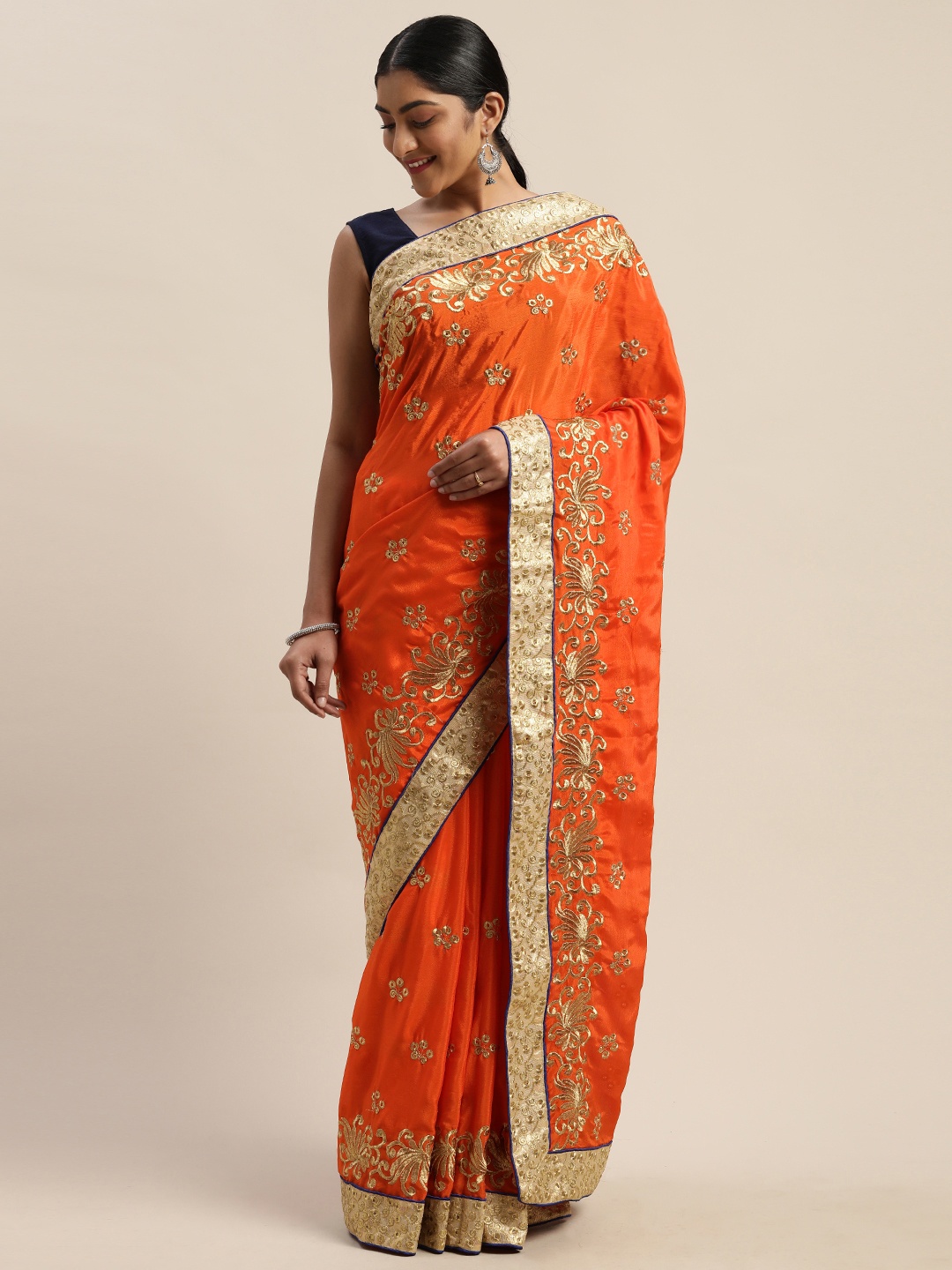 

Mitera Orange & Gold-Toned Embroidered Saree