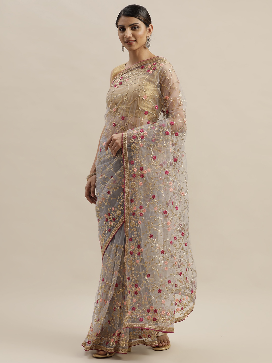 

Mitera Grey & Pink Net Embellished Saree