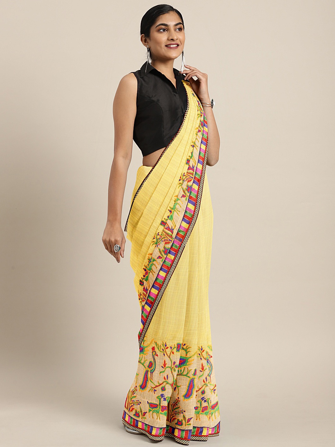 

Mitera Yellow Striped Pure Chiffon Saree With Embroidery