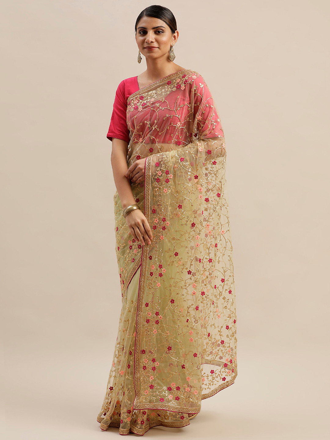 

Mitera Lime Green & Pink Net Embellished Saree