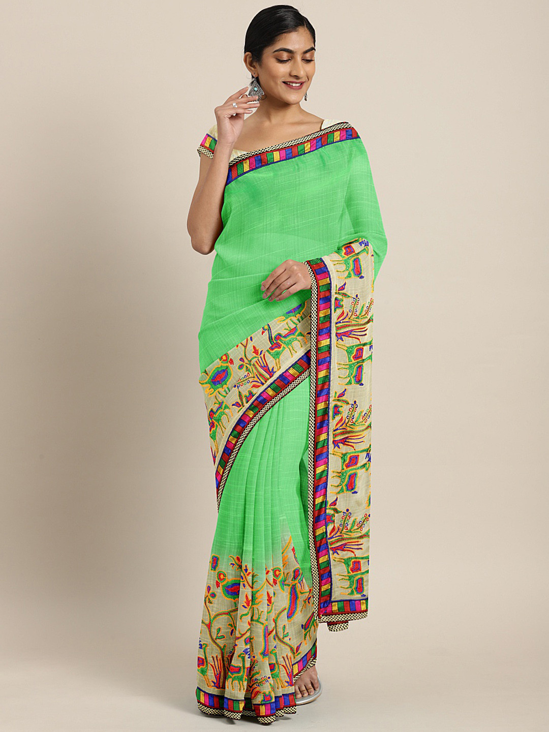 

Mitera Green Solid Pure Chiffon Saree With Embroidery