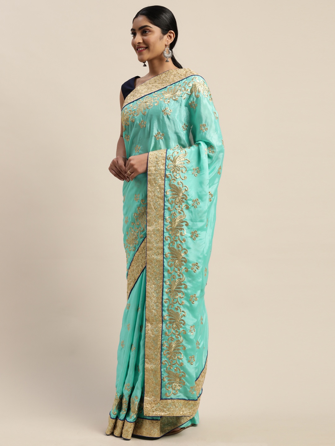 

Mitera Sea Green & Gold-Toned Embroidered Saree