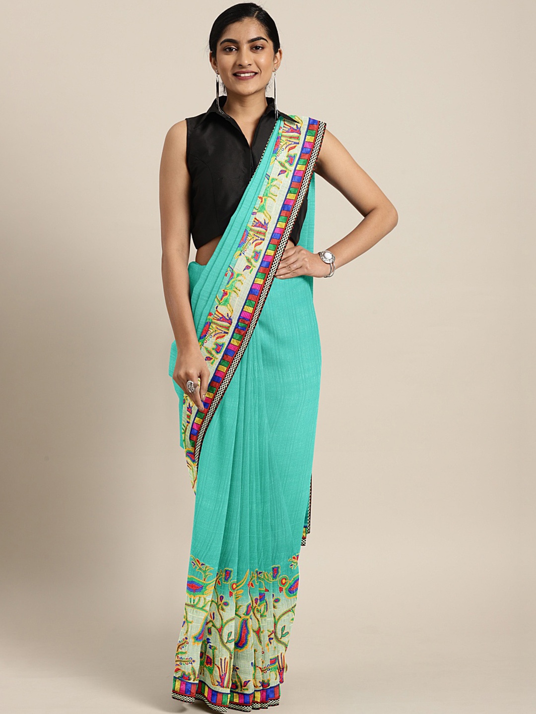 

Mitera Turquoise Blue Striped Pure Chiffon Saree With Embroidery