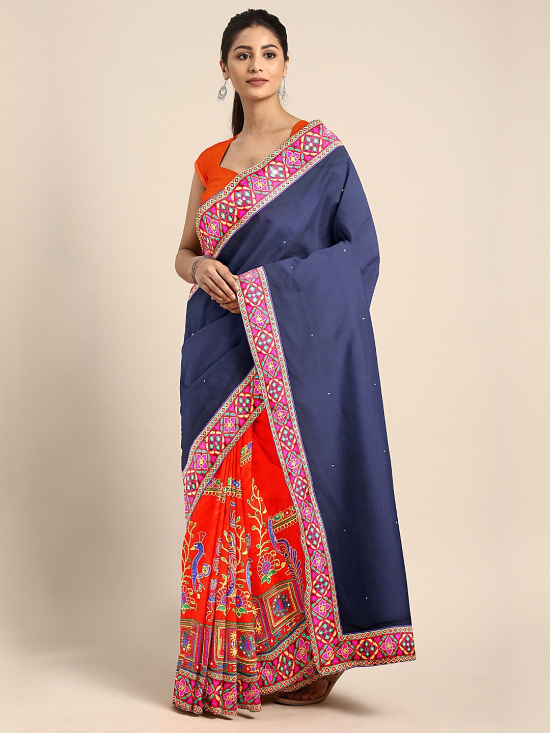 

Mitera Navy Blue & Orange Pure Georgette Embroidered Saree