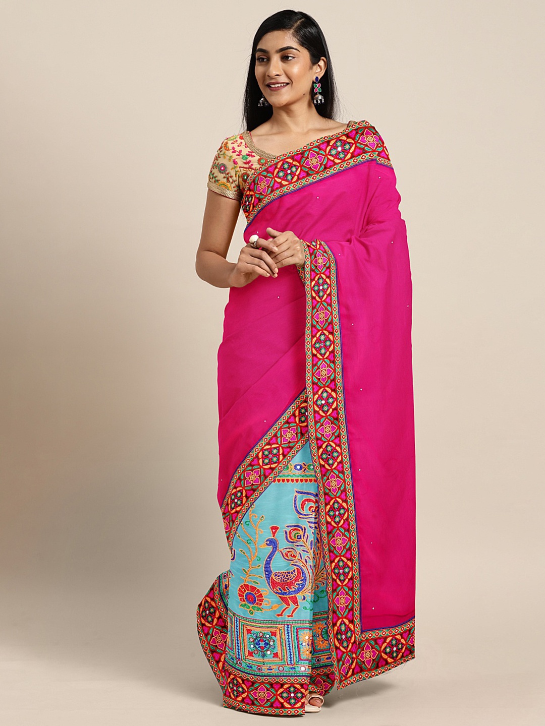 

Mitera Pink & Blue Pure Georgette Embroidered Saree
