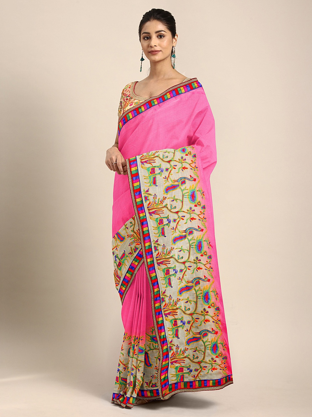 

Mitera Pink & Beige Pure Chiffon Embroidered Saree