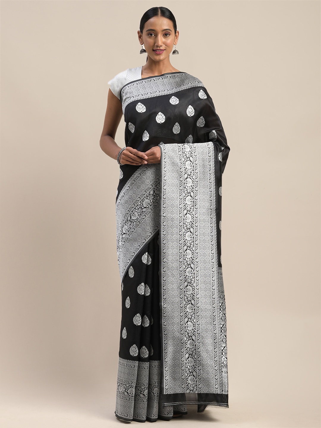 

Shaily Black & Silver-Toned Woven Design Saree