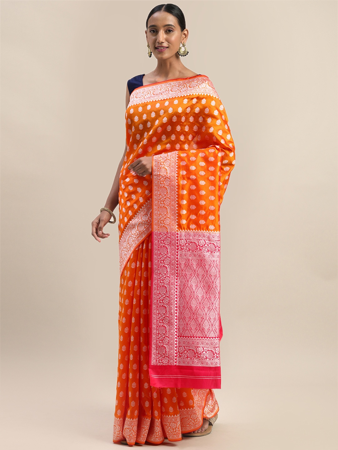 

Shaily Orange & Silver-Toned Woven Design Saree