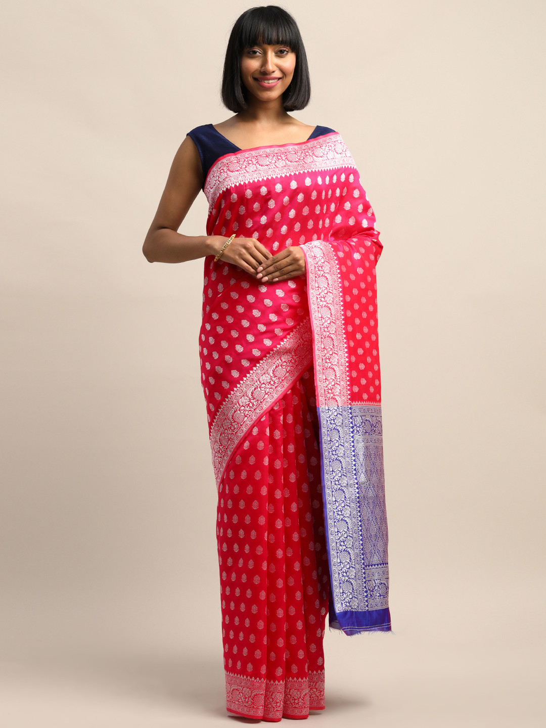 

Shaily Pink & Silver-Toned Woven Design Saree