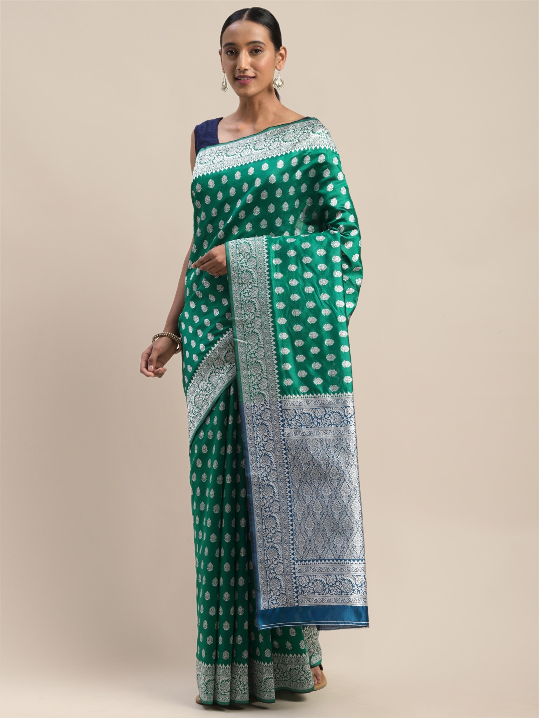 

Shaily Green & Silver-Toned Woven Design Saree