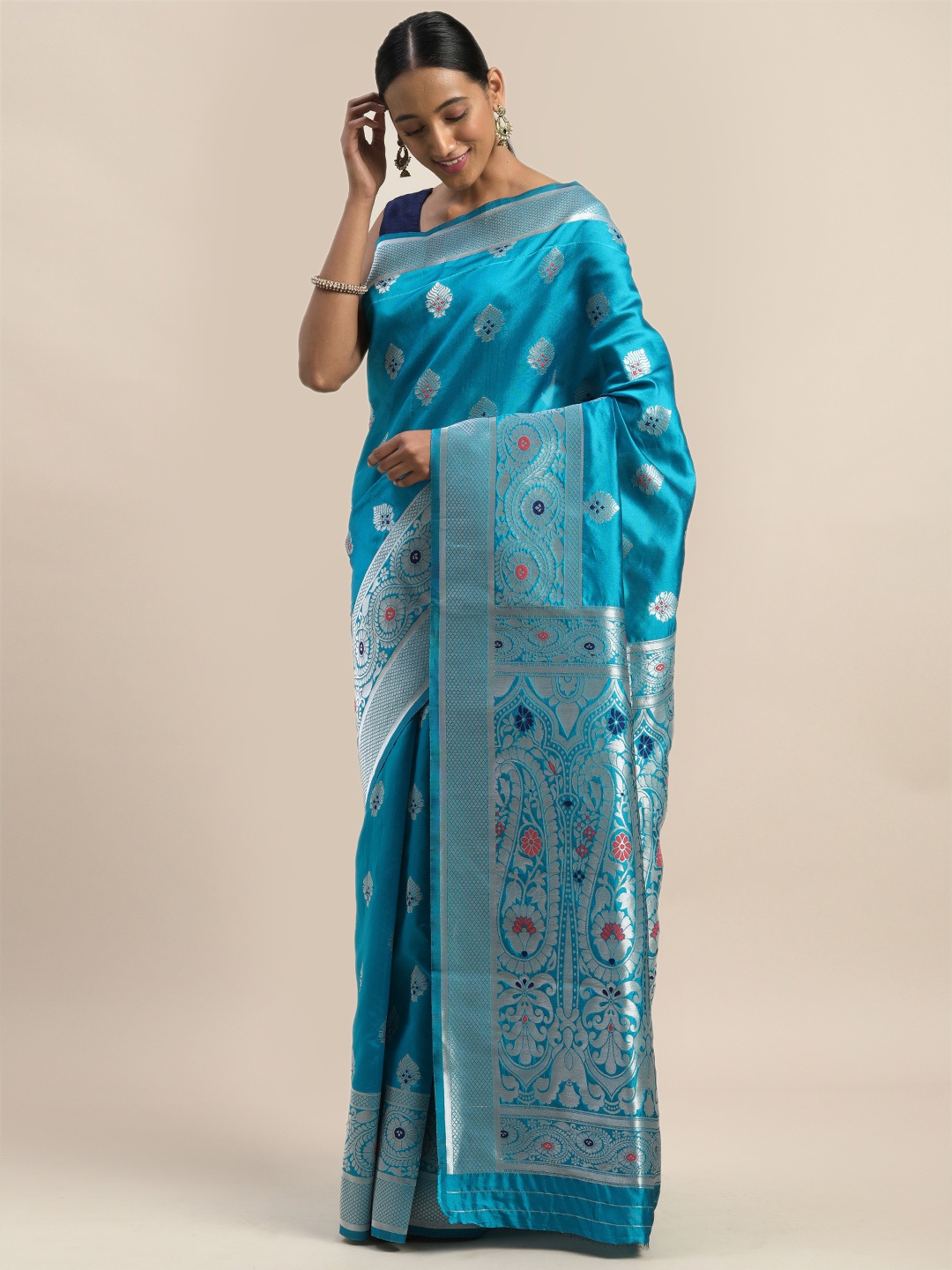 

Shaily Turquoise Blue & Silver-Toned Woven Design Saree