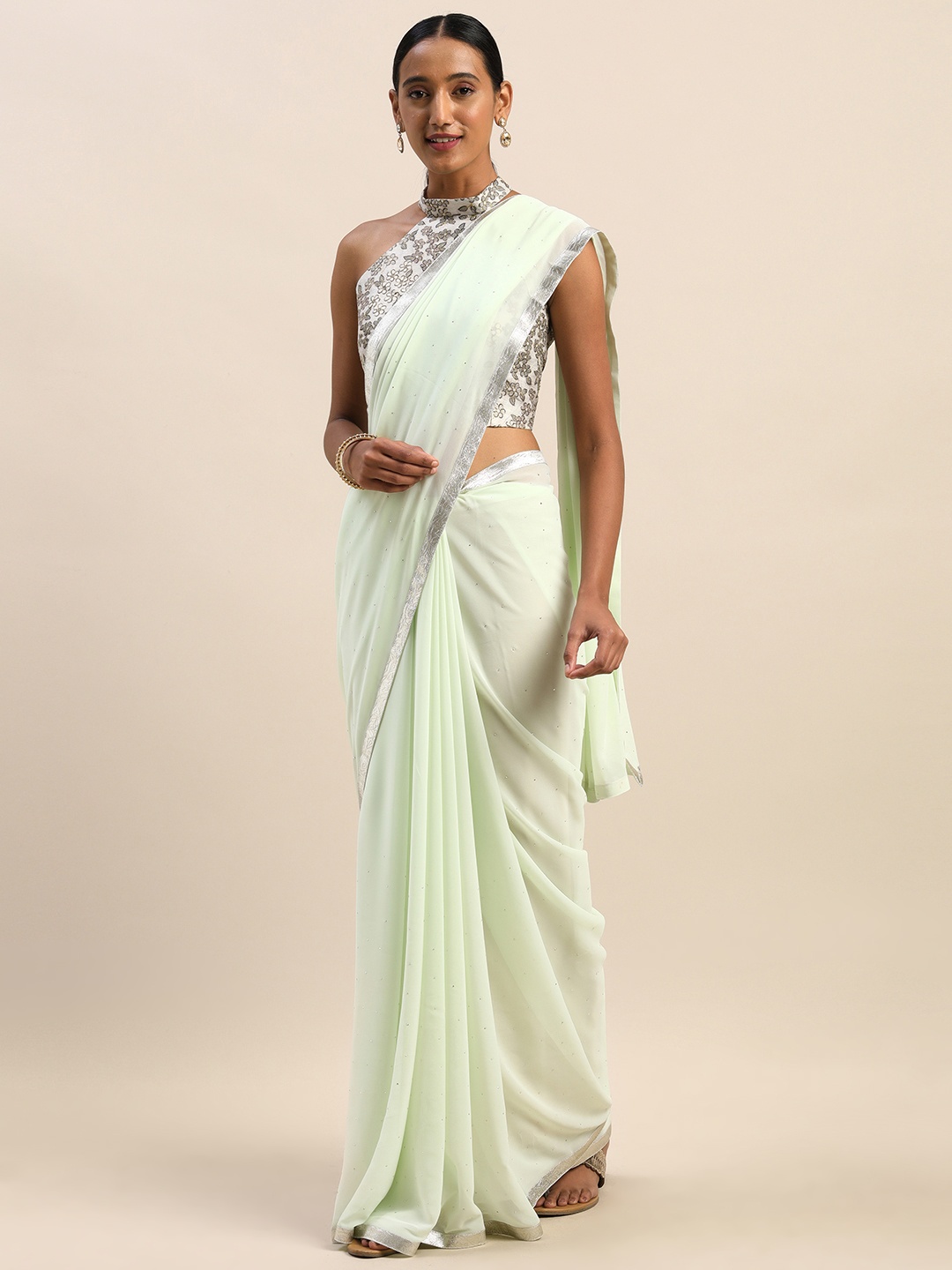 

Shaily Green & Silver-Toned Embellished Saree