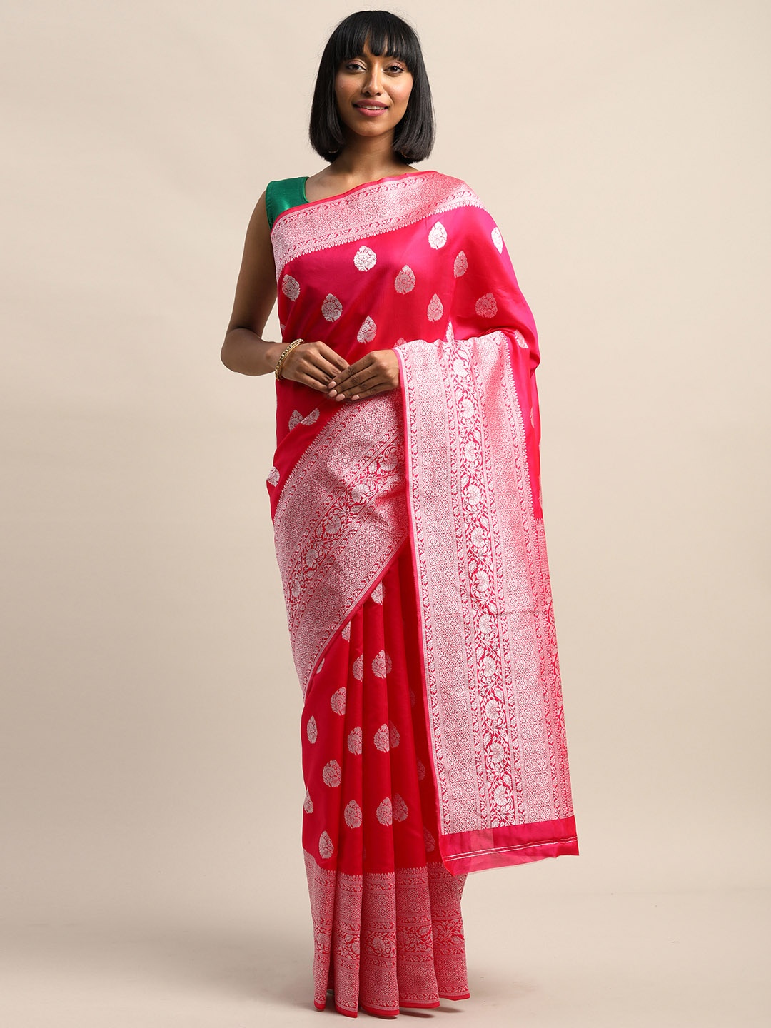 

Shaily Pink & Silver-Toned Woven Design Saree