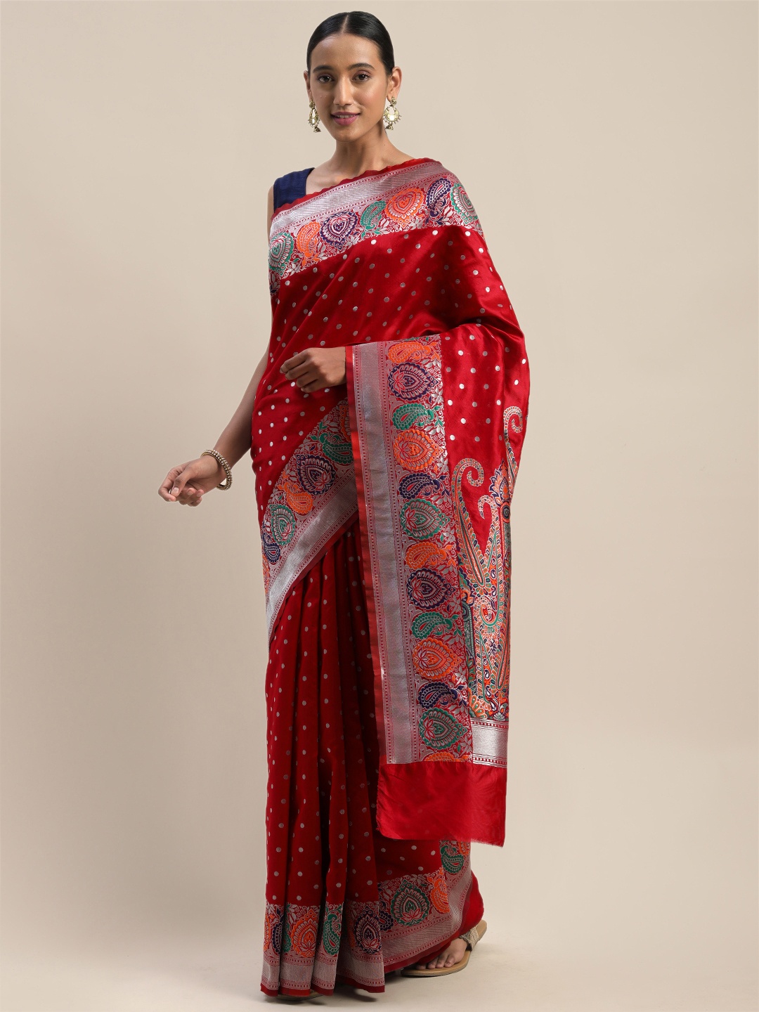 

Shaily Red & Silver-Toned Woven Design Saree