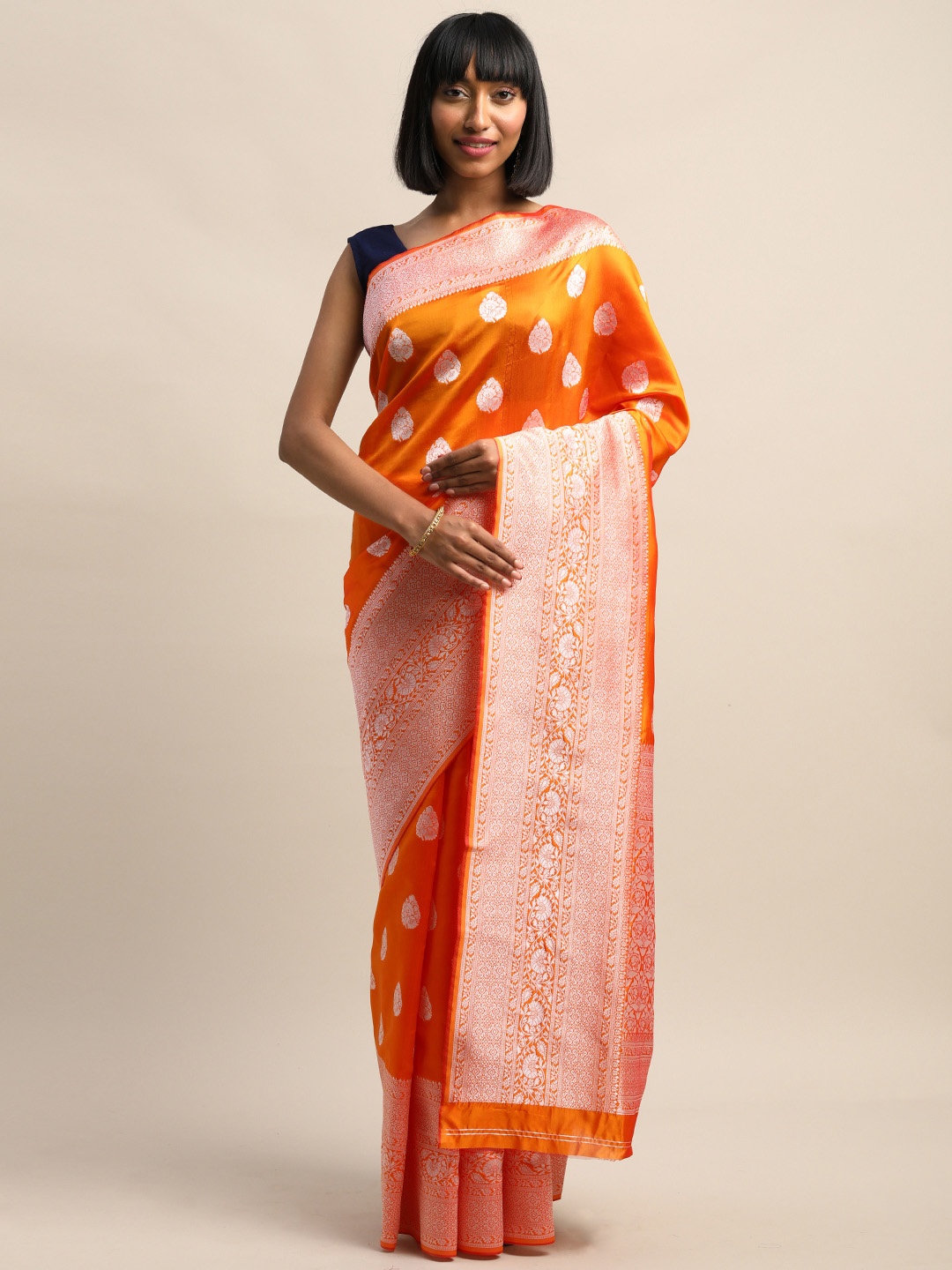 

Shaily Orange & Silver-Toned Woven Design Saree