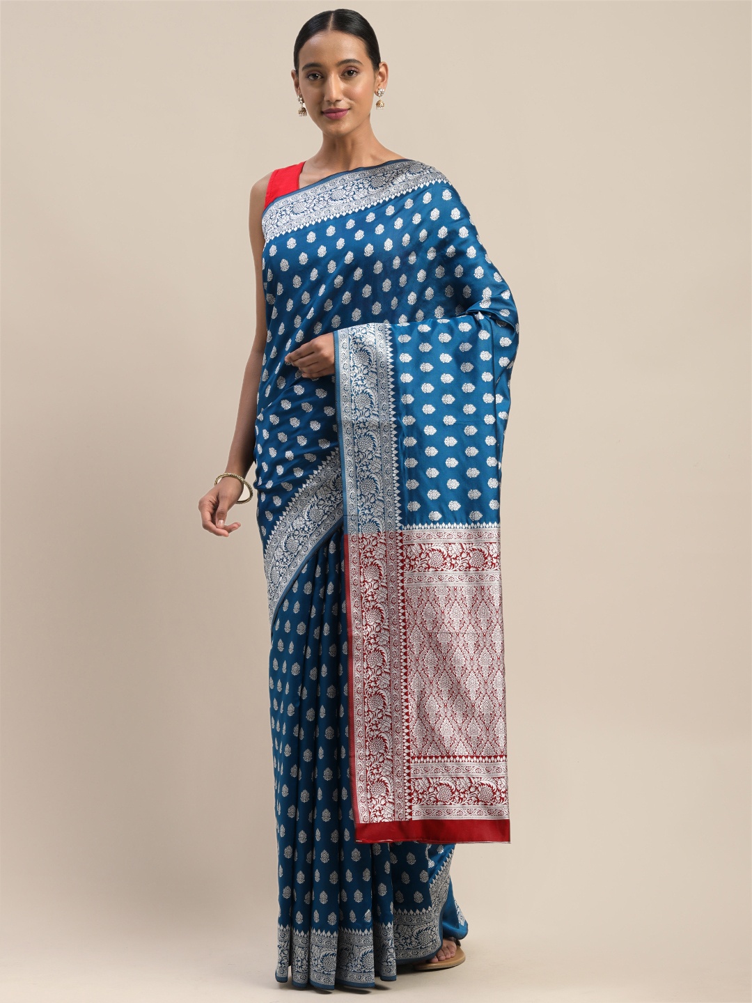 

Shaily Teal & Silver-Toned Woven Design Saree