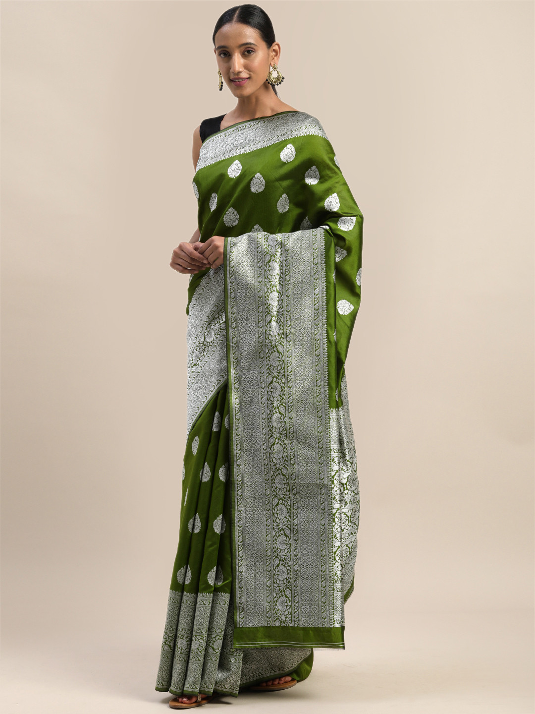 

Shaily Olive Green & Silver-Toned Woven Design Saree
